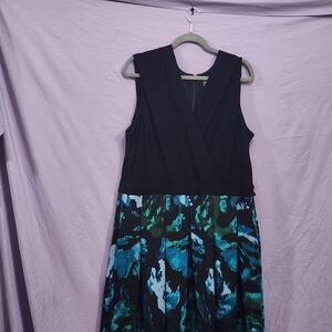 Sleeveless V-Neck Black and Teal Printed Fit & Flare Dress